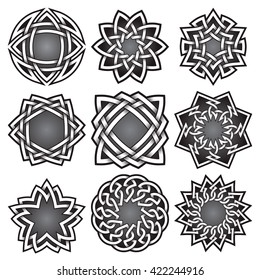 Set of logo symbols in Celtic knots style. Tribal tattoo symbols package. Nine silver stamps for jewelry design. Monochrome logos design elements.