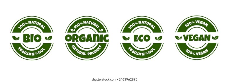 Set of Logo template for organic, eco, bio, vegan, natural and eco friendly  products. Sticker, label, badge and icon. Vector illustration