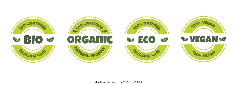 Set of Logo template for organic, eco, bio, vegan, natural and eco friendly  products. Sticker, label, badge and icon. Vector illustration