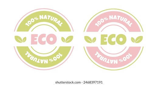Conjunto de Plantilla de logotipo para productos orgánicos, ecológicos, biológicos, naturales y ecológicos. Pegatina, etiqueta, insignia e icono. Ilustración vectorial en colores rosa y verde