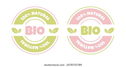 Set of Logo template for organic, eco, bio, natural and eco friendly products. Sticker, label, badge and icon. Vector illustration in pink and green colors