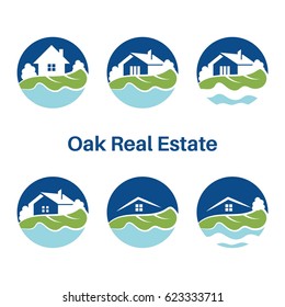 Set of logo template for real estate with houses and oak leaves. vector illustration