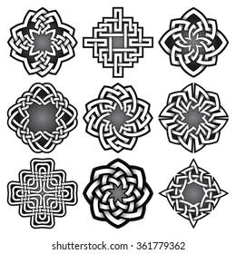Set of logo templates in Celtic knots style. Tribal tattoo symbols package. Nine silver ornaments for jewelry design.
