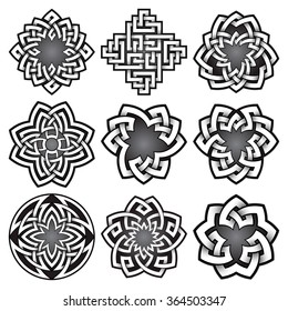 Set of logo templates in Celtic knots style. Tribal tattoo symbols package. Nine silver ornaments for jewelry design. Monochrome logos design.
