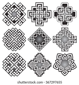 Set of logo templates in Celtic knots style. Tribal tattoo symbols package. Nine silver ornaments for jewelry design. Monochrome logos design.