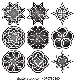 Set of logo templates in Celtic knots style. Tribal tattoo symbols package. Nine silver ornaments for jewelry design. Monochrome logos design.