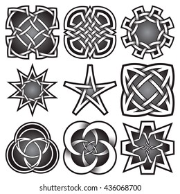 Set of logo templates in Celtic knots style. Tribal tattoo symbols package. Nine silver stamps for jewelry design. Monochrome decorative elements.