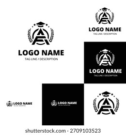 Un conjunto de Plantillas de logotipo para una institución educativa, con la letra 'A' con un gorro de graduación, enmarcado por una corona de laurel y estrellas. El diseño se muestra en versiones en blanco y negro.
