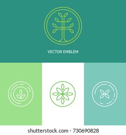 Set of logo templates and emblems with abstract tree and flowers. Vector linear nature design