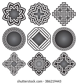 Set of logo templates and frames in Celtic knots style. Tribal tattoo symbols package. Nine silver ornaments for jewelry design. Monochrome logos design elements.