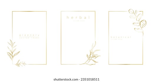 Set of logo templates in minimal linear style with hand drawn branches and leaves. Elegant floral frame. Botanical vector illustration for labels, corporate identity, wedding invitation, save the date