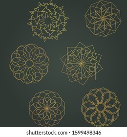 Set of logo templates in minimalist style. Tribal tattoo symbols package. Golden ornaments for jewellery design. Monochrome logos vector illustration 