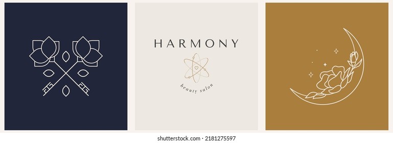 Set of logo templates with olive tree, moon and keys in linear style. Logo template for packaging, cosmetics, handicrafts, beauty products, etc.