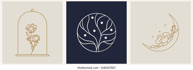 Set of logo templates with olive tree, moon and rose in linear style. Logo template for packaging, cosmetics, handicrafts, beauty products, etc.