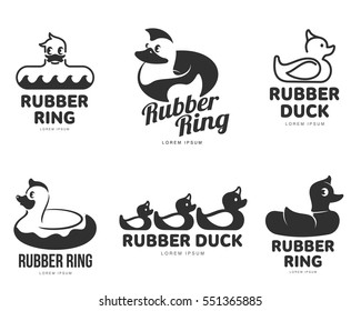 Set of logo templates with rubber duck, vector illustration isolated on white background. Line and silhouette graphic rubber duck logotype, logo design