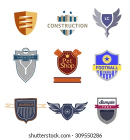 Set logo templates with a shield. Heraldic style. Logos on various topics.