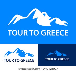 Set of logo templates for a tours to Greece. Colorful vector illustration in blue color with mountains silhouettes and text inscriptions. Pleasant color scheme.