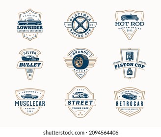 Set of logo templates. Vintage style vector illustration element for retro design label. Suitable for garage, shops, tires, car wash, car restoration, repair and racing. 