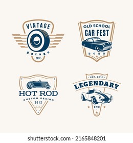 Set of logo templates. Vintage style vector illustration element for retro design label. Suitable for garage, shops, tires, car wash, car restoration, repair and racing.