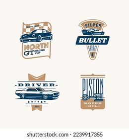 Set of logo templates. Vintage style vector illustration element for retro design label. Suitable for garage, shops, tires, car wash, car restoration, repair and racing.