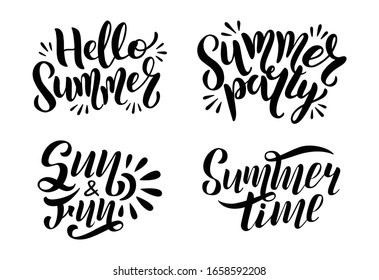 Set of logo text - hello summer, summer time, party, sun and fun. Typography for poster with hand drawn lettering isolated on white background. Vector illustration for postcard, banner, print.