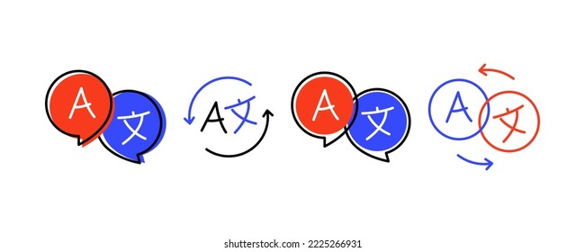 Set of logo for translator app. Chat bubbles with translate icon. Translation app icon Isolated on white background. Online Translator. Icon for translator app. Online multi language translator