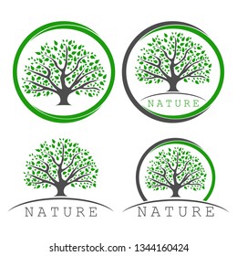 Set logo of a tree with round green foliage. The image of the trunk, fresh leaves on the background of the horizon, on the ground. Below the horizon line is an inscription, slogan or company name.