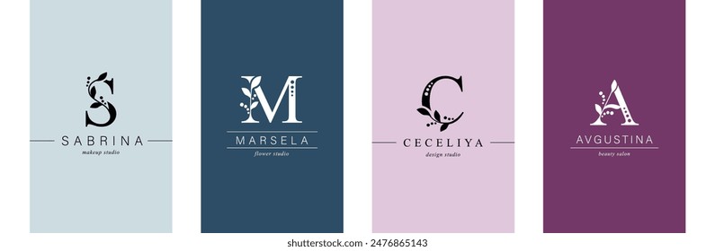 Set Logo V, A of Botanical Minimalistic. capital letter S, M.  Initial, Letter Feminine Logos with Organic Plant Elements. Vector design.  for business card