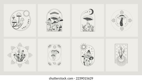 Set logo and various mystical mushrooms  Hippie magic boho cards  Psychedelic vector illustration  Magic   boho texture  Hand drawn style