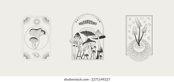 Set of logo with various mystical mushrooms. Hippie magic boho cards. Psychedelic vector illustration. Magic and boho texture. Hand drawn style graphic set