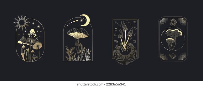 Set of logo with various mystical mushrooms. Hippie magic boho cards. Psychedelic vector illustration. Magic and boho texture. Hand drawn style