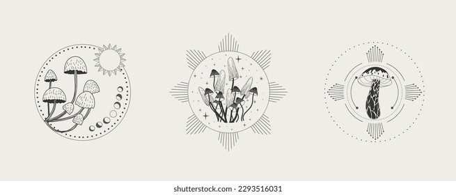Set of logo with various mystical mushrooms. Hippie magic boho cards. Psychedelic vector illustration. Magic and boho texture. Hand drawn style
