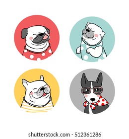 Set logo vector illustration of pug dog ,and beauty,scarf, sweater.Doodle style.