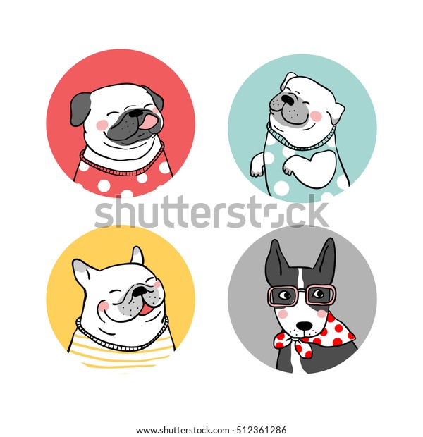 パグ犬 美しさ スカーフ セーターのロゴベクターイラストを設定します 落書き風 のベクター画像素材 ロイヤリティフリー
