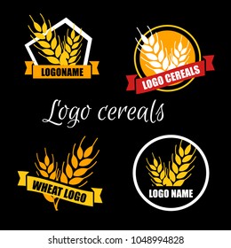 Set logo vector â?? wheat factory or bakery. Circle white badge with gold ears on black background. Organic orange wheat. Flat design.