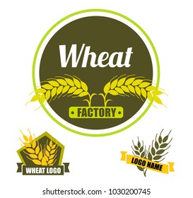 Set of logo vectors for a wheat factory. Circle green badge with gold ears on dark background. Flat design.