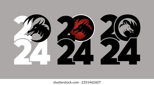 Conjunto de logos 2024 con dragones. Icono con el símbolo del año. Diseño sencillo, moderno y conciso. Año Nuevo Chino. 