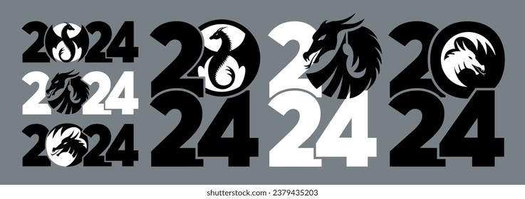 Set of logos 2024 with dragons. Icon with the symbol of the year. Simple and modern design. Chinese New Year.