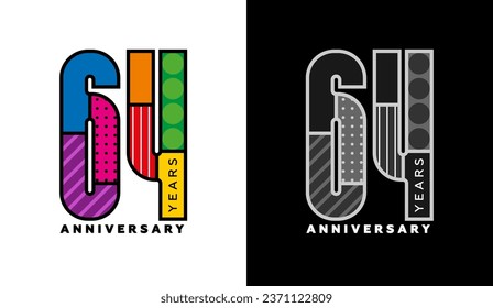 Set of logos for 64th anniversary, sixty fourth birthday, colorful logo for celebration event, invitation, congratulations, web template, flyer and booklet, retro symbol