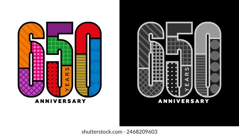 Set of logos for 650th anniversary, six hundred and fiftieth anniversary, colorful logo for celebration, invitation, congratulations, web template, flyer and booklet, retro