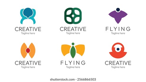 Set of Logos Abstract Interlocking People Logo, Abstract Infinity Loop Logo, Soaring Bird, Letter H Twin Hearts Logo, Bird Butterfly Wings, Abstract Visionary Eye Logo