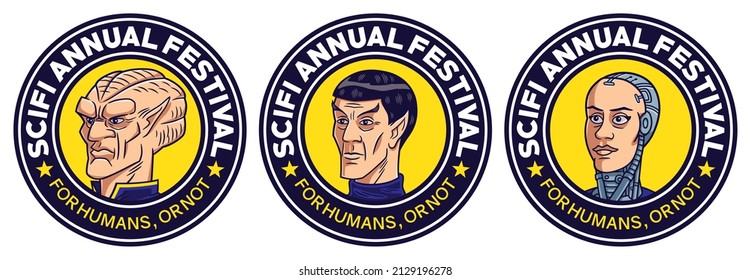 Set of logos for an annual science fiction festival, composed by the illustration of the head of three scifi characters, inside a circular shape.