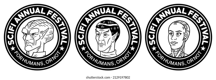 Set of logos for an annual science fiction festival, in color and black and white versions, composed by the illustration of the head of three scifi characters, inside a circular shape.