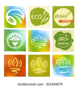 Set of logos, avatars for natural, environmentally friendly food, vegetarian food. Taking care of nature. Avatars application instagram.