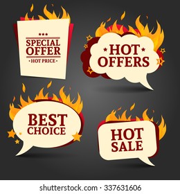 Set of logos, badges, buttons, icons, price tags for discounts, special offers, hot sale. Shape bubble. The decor of the fire. Vector.