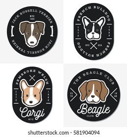 Set of logos, badges, emblem for dog pet shop. Jack russell terrier. French bulldog. Pembroke welsh corgi. Beagle. Vector illustration.