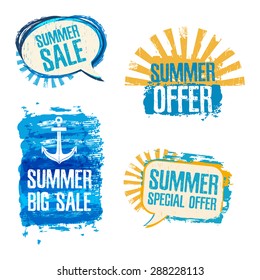 Set of logos, badges, stickers, conversational loot of Summer Sale. Grunge texture, blue and yellow colors. Vector.