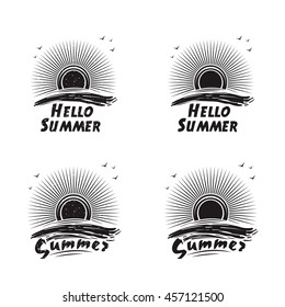 Set of logos, badges, stickers, icons of summer sun over sea wave. Grunge style. Black and white vector illustration