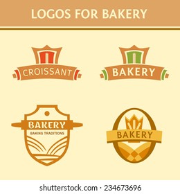 Set of logos for the bakery; dough products: croissants, muffins, pasta, spaghetti, baked goods.