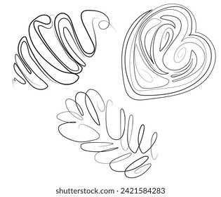 set of logos for a bakery drawn with lines of different shapes, namely different pastries from puff pastry, namely croissants, square and heart-shaped puffs